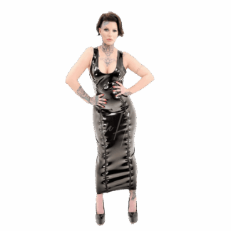 Model wearing black latex long dress with two front zippers – handmade latex gown UK