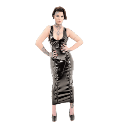 Model wearing black latex long dress with two front zippers – handmade latex gown UK