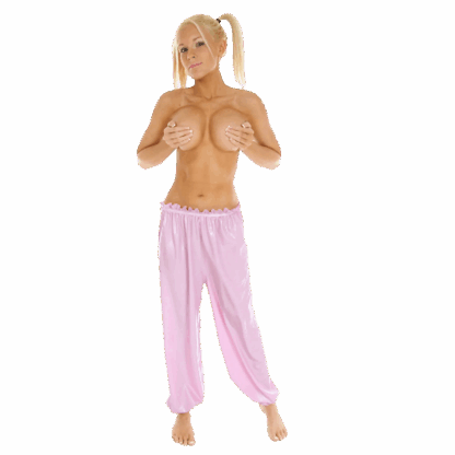 Pink latex rubber long bloomers, handmade in London by Latexandlovers. Loose-fit latex trousers designed for comfort and style.