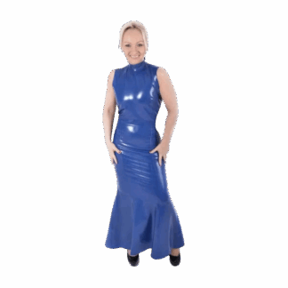Model wearing blue latex long dress with high neck – handmade latex clothing UK