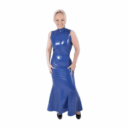 Model wearing blue latex long dress with high neck – handmade latex clothing UK
