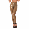 Model wearing shiny brown latex rubber leggings with open zip. Handmade latex clothing London by Latexandlovers.