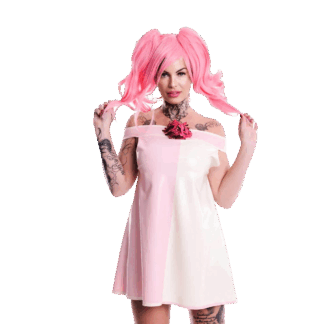 Model wearing pink latex rubber nightie with short sleeves – handmade fetish nightwear UK