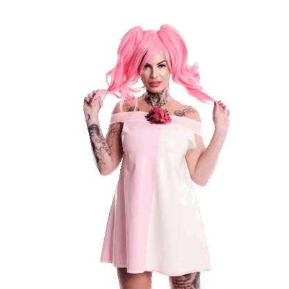 Model wearing pink latex rubber nightie with short sleeves – handmade fetish nightwear UK