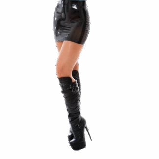 Black latex rubber mini skirt, handmade in London by Latexandlovers. Shiny latex skirt styled with high boots.