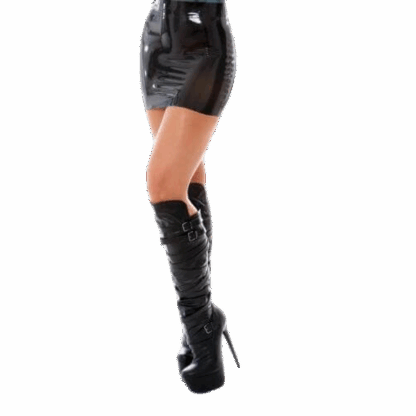 Black latex rubber mini skirt, handmade in London by Latexandlovers. Shiny latex skirt styled with high boots.