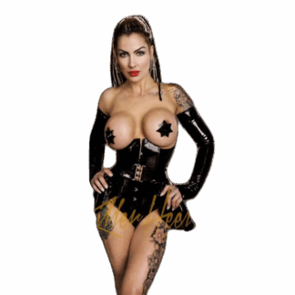 Black latex rubber star pasties, handmade in London by Latexandlovers. Shiny latex star-shaped covers, easy to apply with tape or glue.