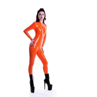 Model wearing orange Latex Rubber Catsuit Ada with 3-way zipper, handmade 0.40mm latex clothing UK.