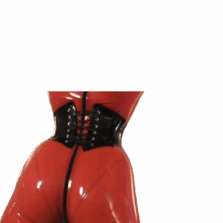 Black latex rubber waspie corset with back lacing, handmade in London by Latexandlovers. Shown over a glossy red latex outfit.