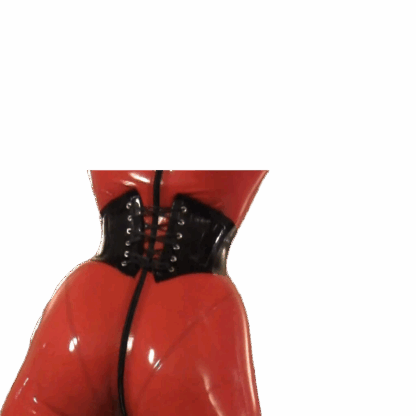 Black latex rubber waspie corset with back lacing, handmade in London by Latexandlovers. Shown over a glossy red latex outfit.