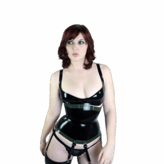 Model wearing black latex corset with suspenders – handmade Sophie latex corset UK