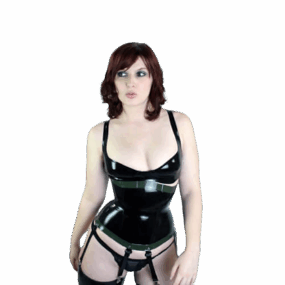 Model wearing black latex corset with suspenders – handmade Sophie latex corset UK