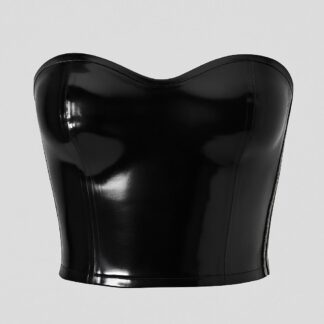 Strapless black latex boob tube top with back zipper displayed on plain light grey background – glossy latex clothing