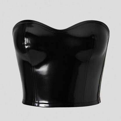 Strapless black latex boob tube top with back zipper displayed on plain light grey background – glossy latex clothing