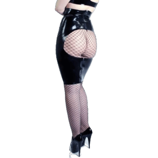 Black latex rubber spanking skirt with back cut-out detail, handmade in London by Latexandlovers.