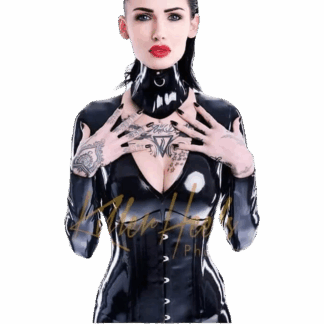 Model wearing black latex neck corset with O-ring – handmade latex accessory UK