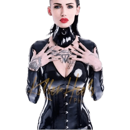 Model wearing black latex neck corset with O-ring – handmade latex accessory UK