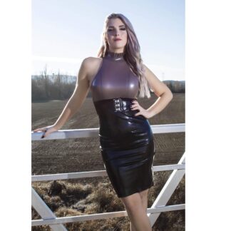 Model wearing black latex pencil dress with sleeveless purple latex top – handmade latex clothing UK