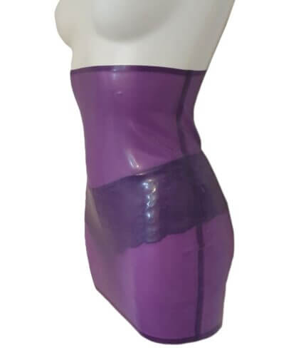 Front view of latex lilac pencil skirt with semi-transparent finish, high-waisted design