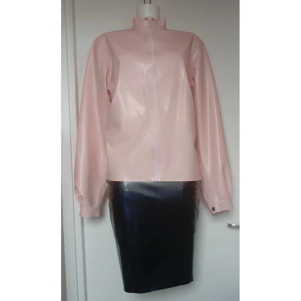 Latex pink top and black pencil skirt suit