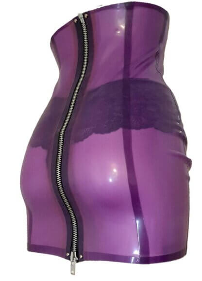 Latex lilac pencil skirt with open-end zipper, high-waisted and semi-transparent finish
