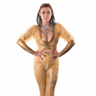 Hazel latex rubber catsuit with V-neck entry and crotch zipper in gold, handmade in London by Latexandlovers.