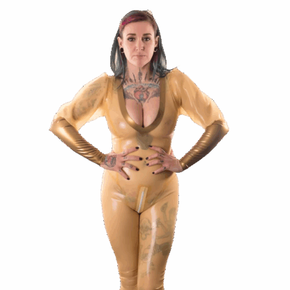 Hazel latex rubber catsuit with V-neck entry and crotch zipper in gold, handmade in London by Latexandlovers.