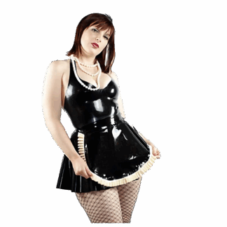 Model wearing black latex maid dress with short skirt – handmade latex clothing UK