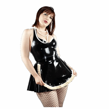 Model wearing black latex maid dress with short skirt – handmade latex clothing UK
