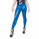 Shiny blue latex leggings with a high-waist fit, worn with a black latex corset and high heels – latex clothing UK fetish fashion.