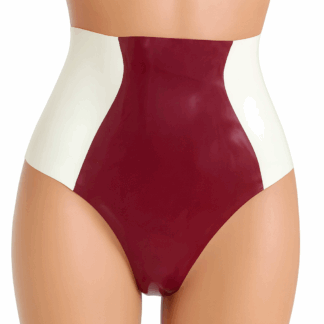 High-waist latex knickers in burgundy with white side panels – vintage-inspired latex lingerie from Latex Clothing UK.