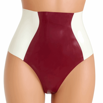 High-waist latex knickers in burgundy with white side panels – vintage-inspired latex lingerie from Latex Clothing UK.