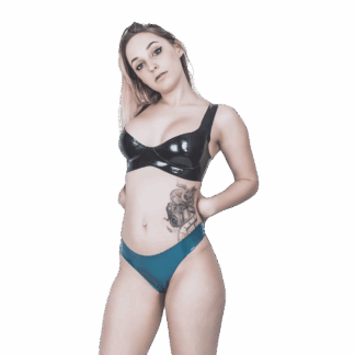 Model wearing black latex bra and teal latex thong – handmade latex lingerie UK