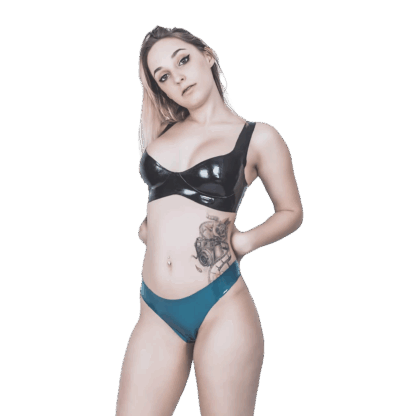 Model wearing black latex bra and teal latex thong – handmade latex lingerie UK
