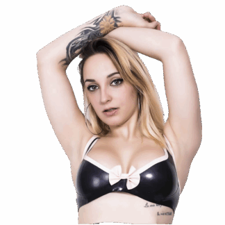 Model wearing black latex bra – handmade latex lingerie UK by Latexandlovers