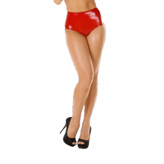 Red latex rubber high-waisted briefs, handmade in England by Latexandlovers. Glossy latex underwear with a smooth finish.