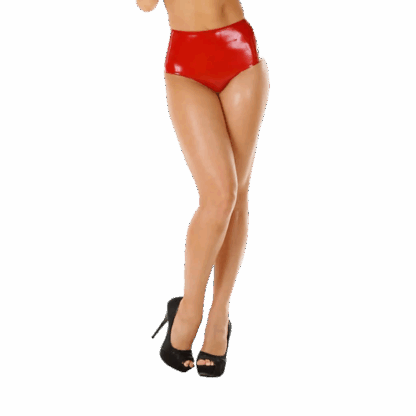 Red latex rubber high-waisted briefs, handmade in England by Latexandlovers. Glossy latex underwear with a smooth finish.