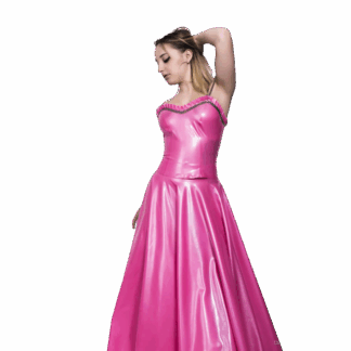 Model wearing metallic fuchsia latex swing dress with strapless top – handmade latex clothing UK