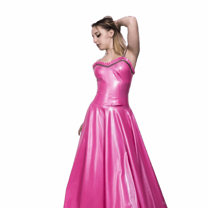 Model wearing metallic fuchsia latex swing dress with strapless top – handmade latex clothing UK