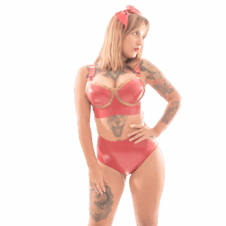 Model wearing red latex lingerie set with bra and panties – handmade Siren latex set UK