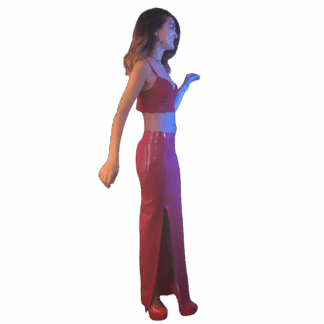 Model wearing shiny red latex long skirt – handmade latex clothing UK