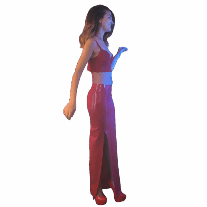 Model wearing shiny red latex long skirt – handmade latex clothing UK