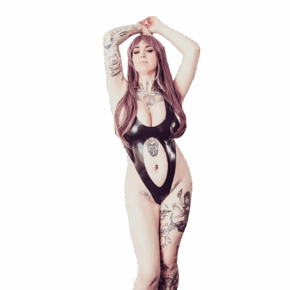 Model wearing black latex bodysuit – handmade latex clothing UK