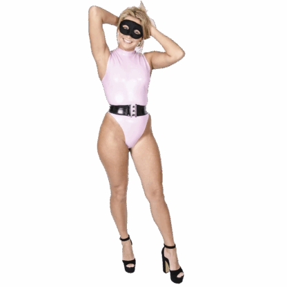 Pink latex bodysuit styled with black latex belt