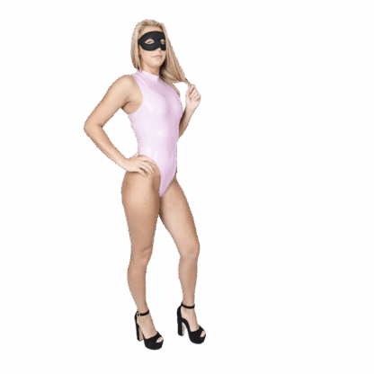 Pink latex sleeveless bodysuit front view with polo neck and back zipper