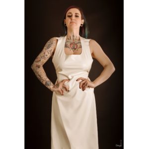 Nigella Latex Apron on model, white latex clothing