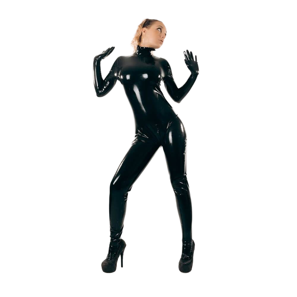 Woman wearing a black latex catsuit for women with high heels, posing on a white studio background – latex clothing.