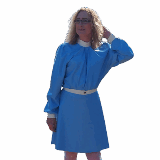 Model wearing blue latex dress Lisa, handmade by Latexandlovers in London – crossdressing latex clothing UK