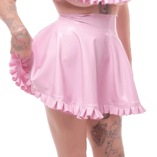 Pink latex circle frilly skirt with flared hem, handmade in England by Latexandlovers.