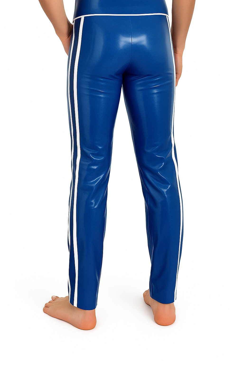 Blue latex men’s trousers with white side stripes – back view latex clothing by Latexandlovers